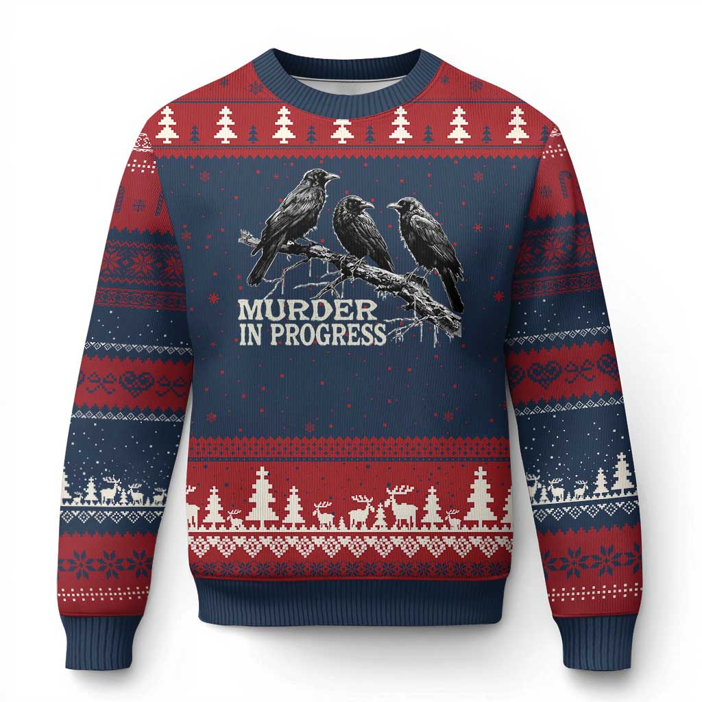 Murder In Progress Funny Crow Ugly Christmas Sweater Gothic Raven Bird Lover Dark Humor