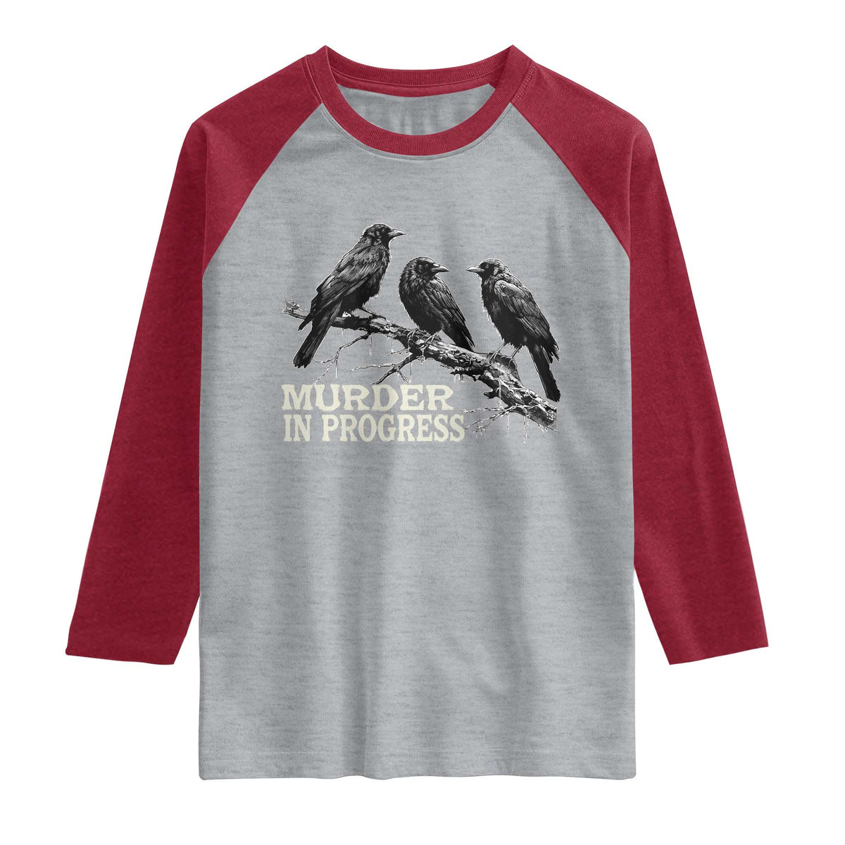 Murder In Progress Funny Crow Raglan Shirt Gothic Raven Bird Lover Dark Humor