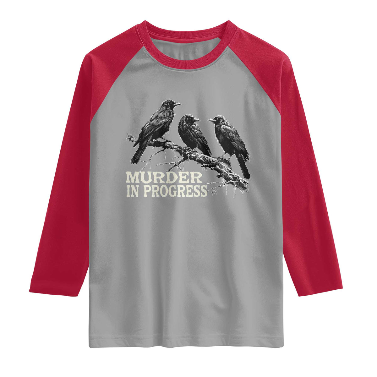 Murder In Progress Funny Crow Raglan Shirt Gothic Raven Bird Lover Dark Humor