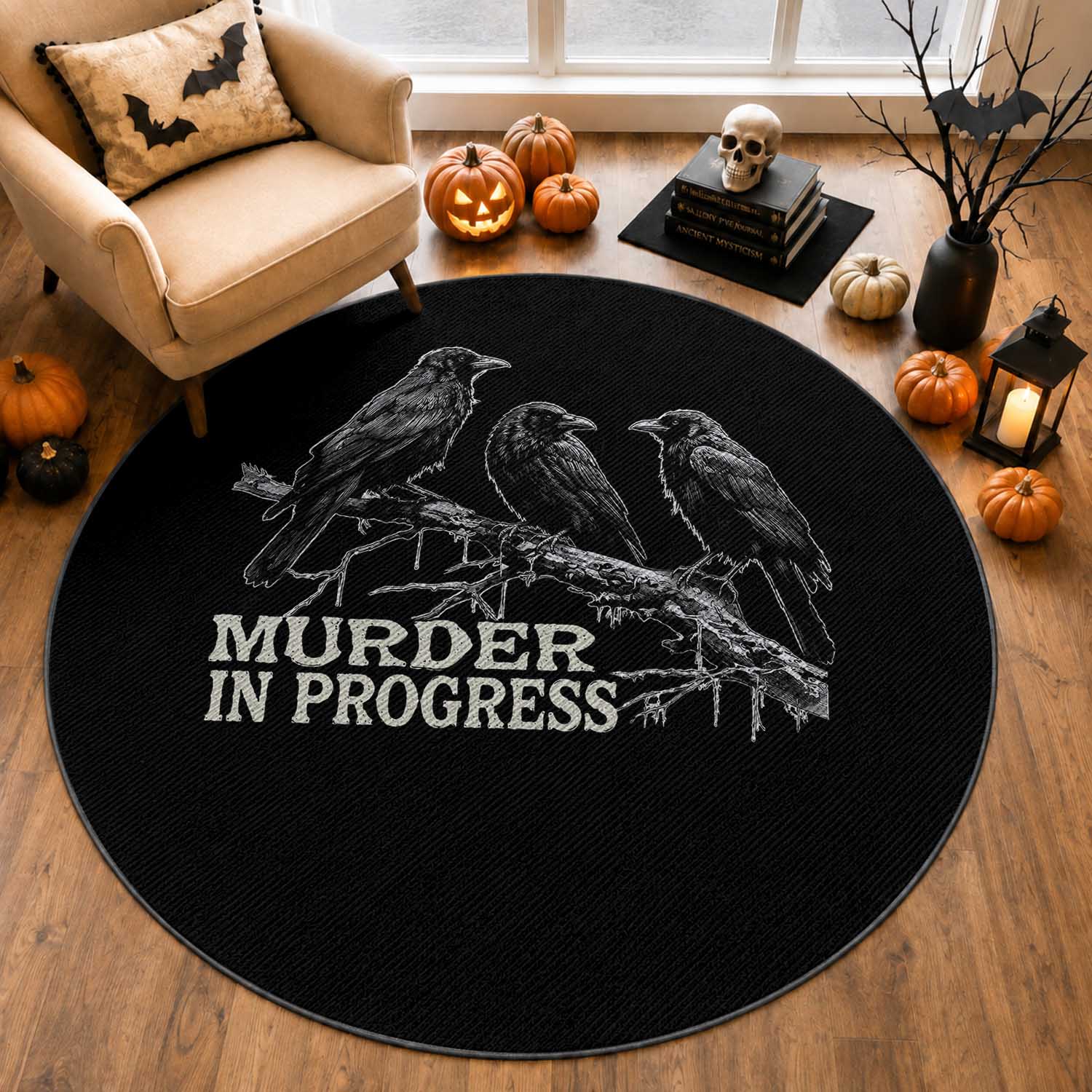 Murder In Progress Funny Crow Round Rug Gothic Raven Bird Lover Dark Humor