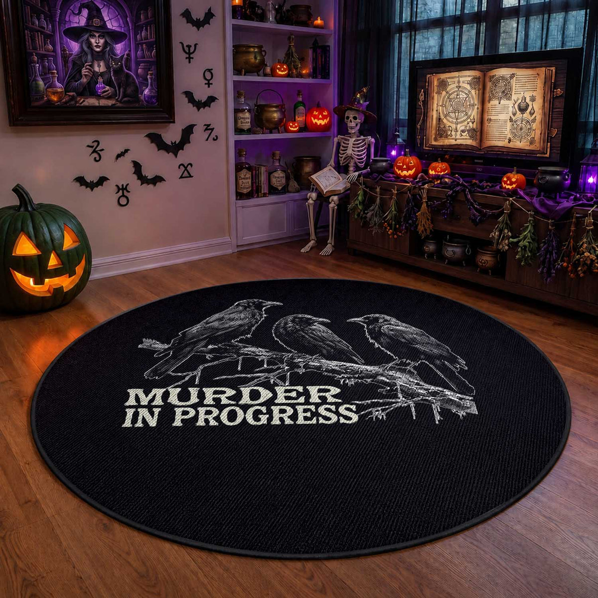 Murder In Progress Funny Crow Round Rug Gothic Raven Bird Lover Dark Humor