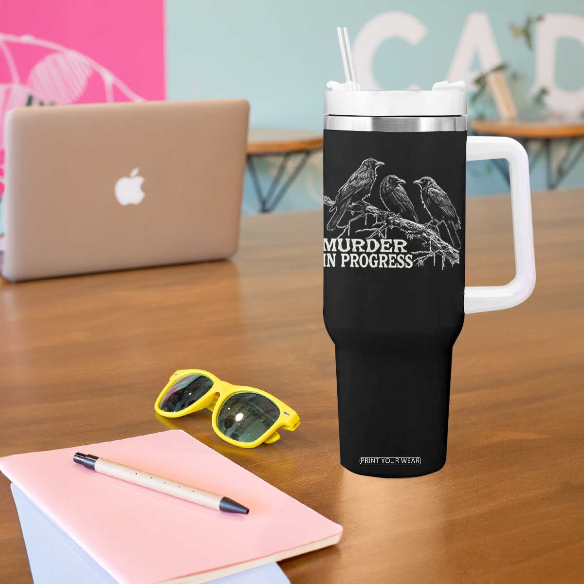 Murder In Progress Funny Crow Tumbler With Handle Gothic Raven Bird Lover Dark Humor