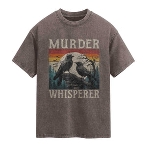 Murder Whisperer Funny Crow Literary Pun Washed Cotton T-Shirt Retro Gothic Bird