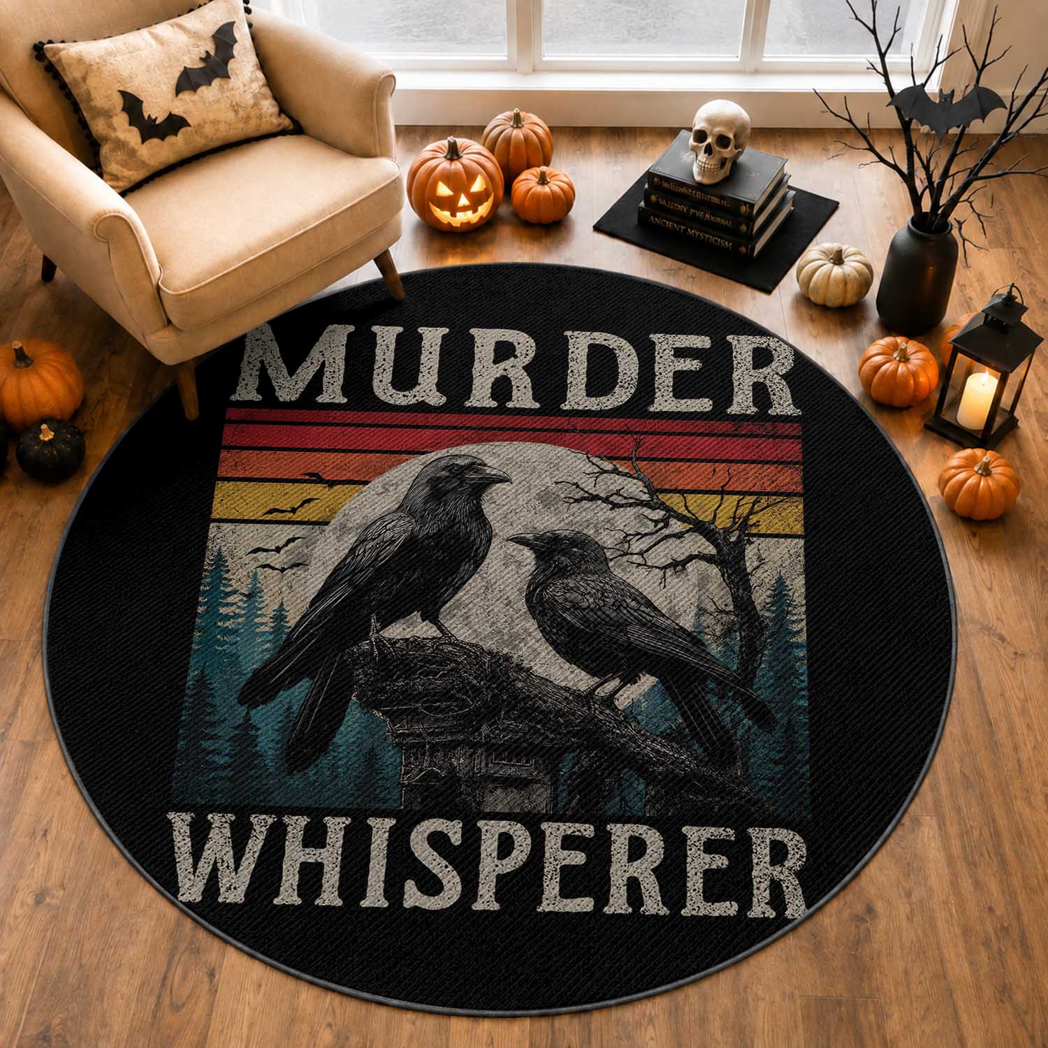 Murder Whisperer Funny Crow Literary Pun Round Rug Retro Gothic Bird