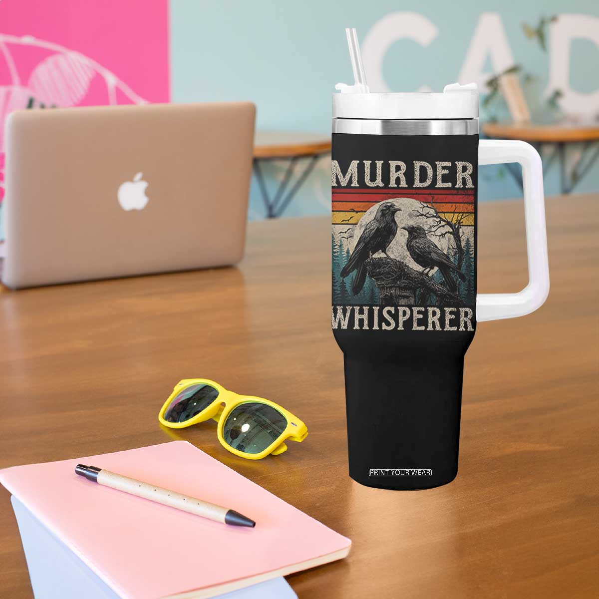 Murder Whisperer Funny Crow Literary Pun Tumbler With Handle Retro Gothic Bird