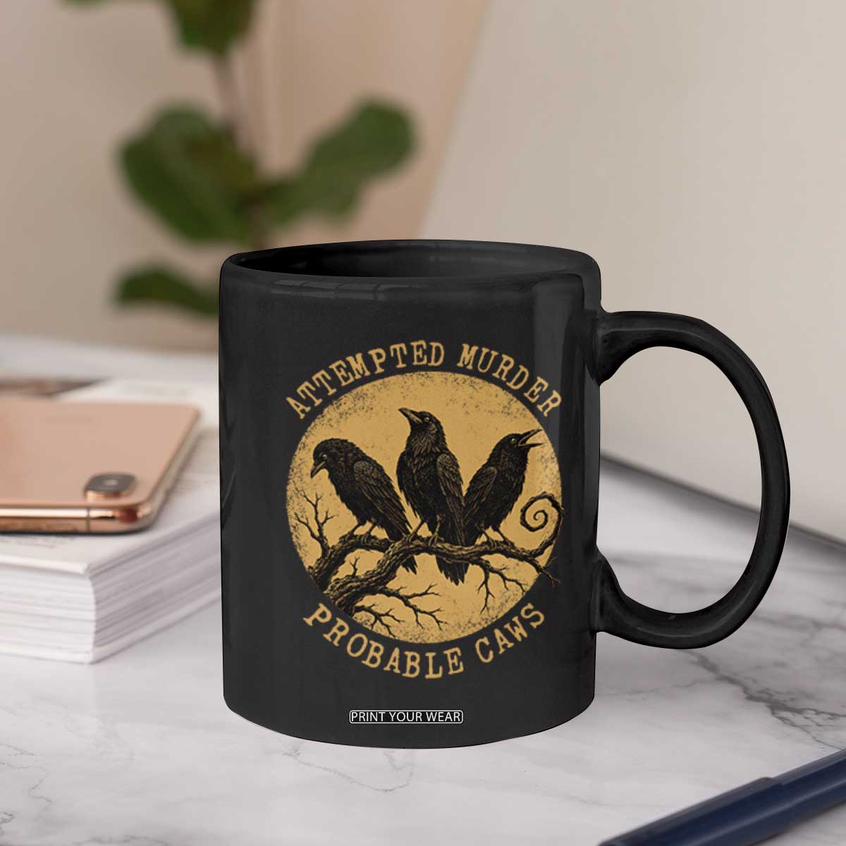 Attempted Murder Probable Caws Coffee Mug Funny Crow Literary Pun Gothic Bird