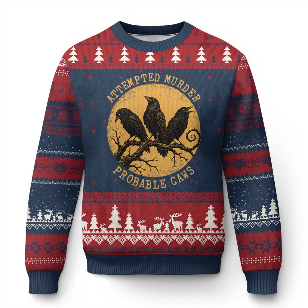 Attempted Murder Probable Caws Ugly Christmas Sweater Funny Crow Literary Pun Gothic Bird