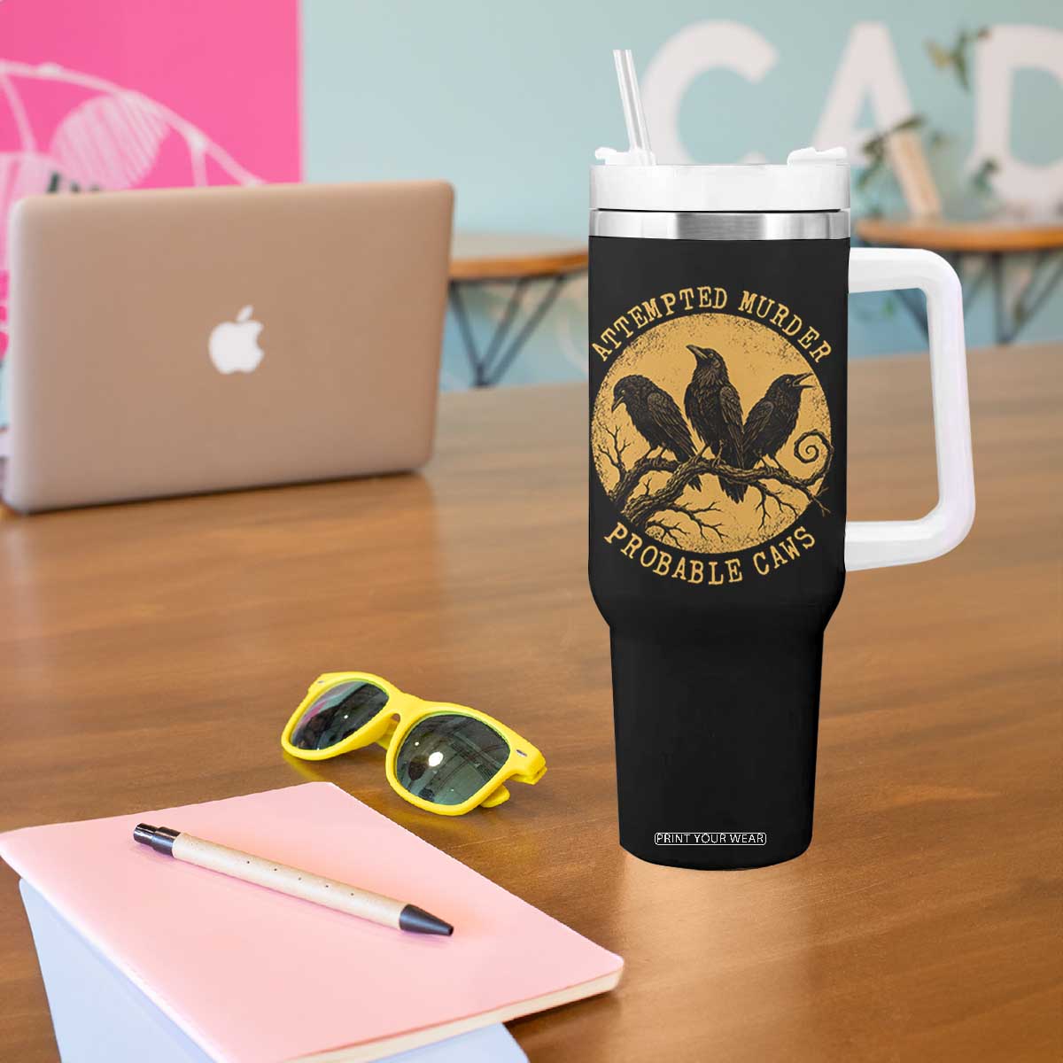 Attempted Murder Probable Caws Tumbler With Handle Funny Crow Literary Pun Gothic Bird