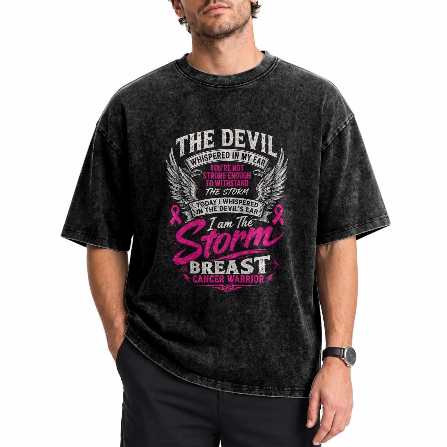 Breast Cancer Warrior Washed Cotton T-Shirt I Whispered I Am The Storm Pink Ribbon