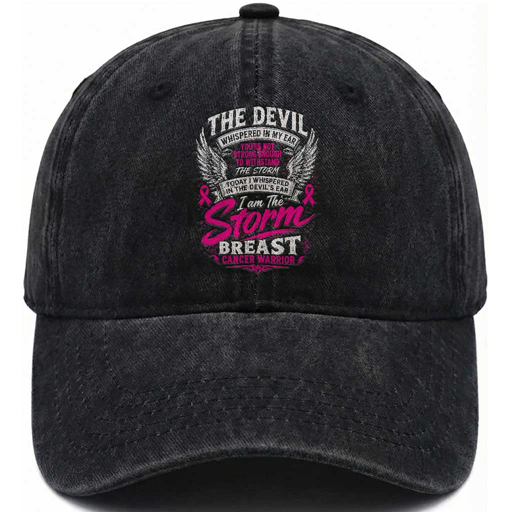 Breast Cancer Warrior Washed Cotton Baseball Cap I Whispered I Am The Storm Pink Ribbon