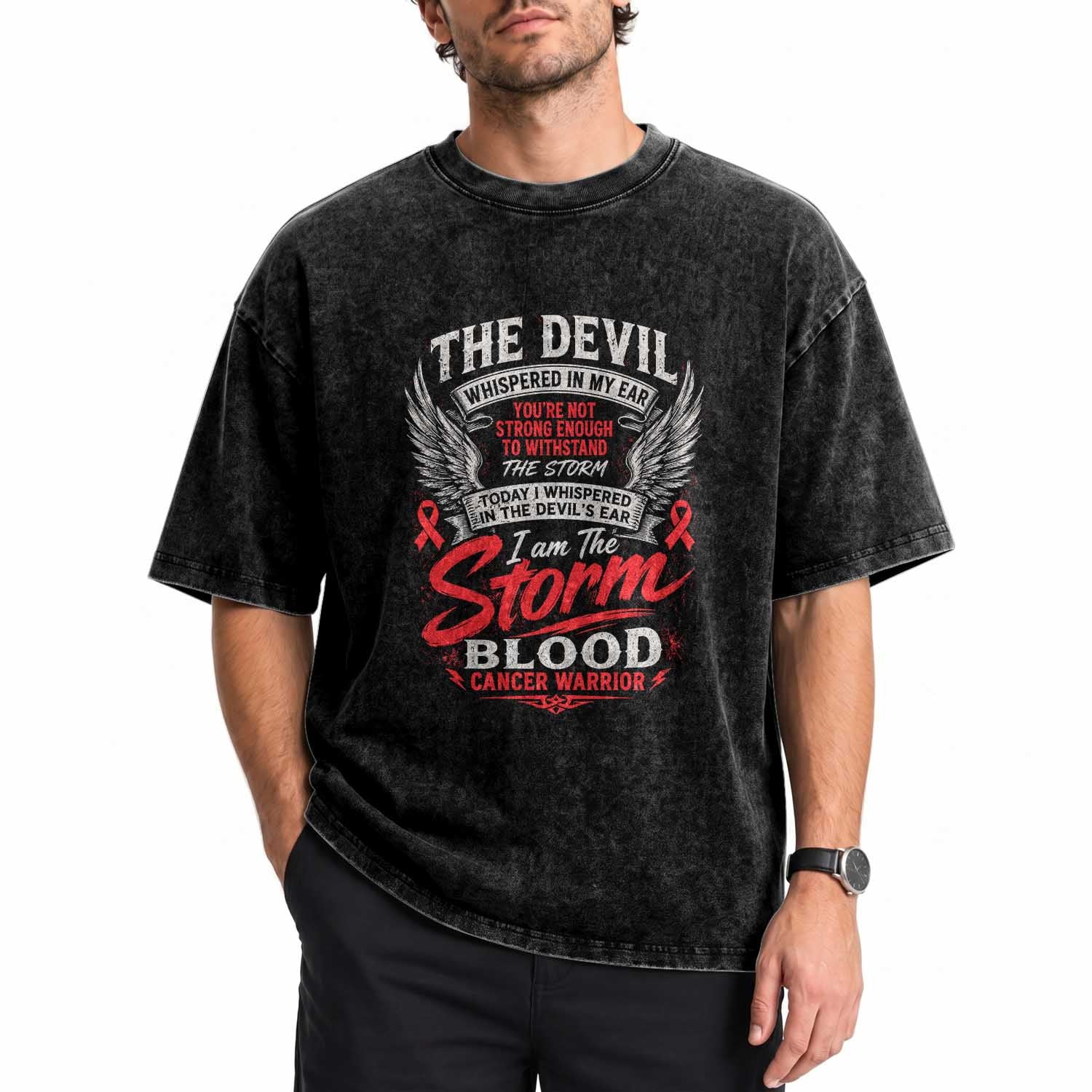 Blood Cancer Warrior Washed Cotton T-Shirt I Whispered I Am The Storm Red Ribbon