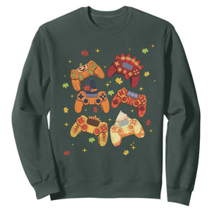 Fall Season Gamers Sweatshirt Gaming Controllers Pumpkin Turkey Autumn Maple Leaf TS11 Dark Forest Green Print Your Wear