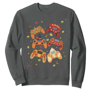 Fall Season Gamers Sweatshirt Gaming Controllers Pumpkin Turkey Autumn Maple Leaf TS11 Dark Heather Print Your Wear