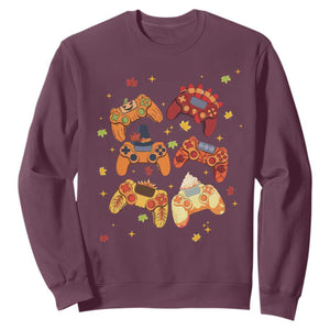 Fall Season Gamers Sweatshirt Gaming Controllers Pumpkin Turkey Autumn Maple Leaf TS11 Maroon Print Your Wear