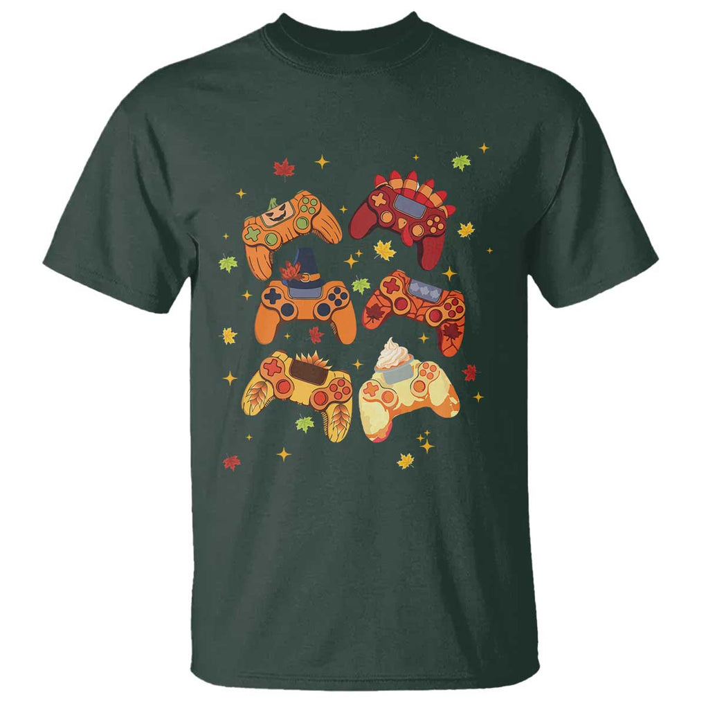 Fall Season Gamers T Shirt Gaming Controllers Pumpkin Turkey Autumn Maple Leaf TS11 Dark Forest Green Print Your Wear
