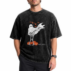 Well Shit Skeleton Ghost Sheet Funny Halloween Exposed Wind Dress Washed Cotton T-Shirt