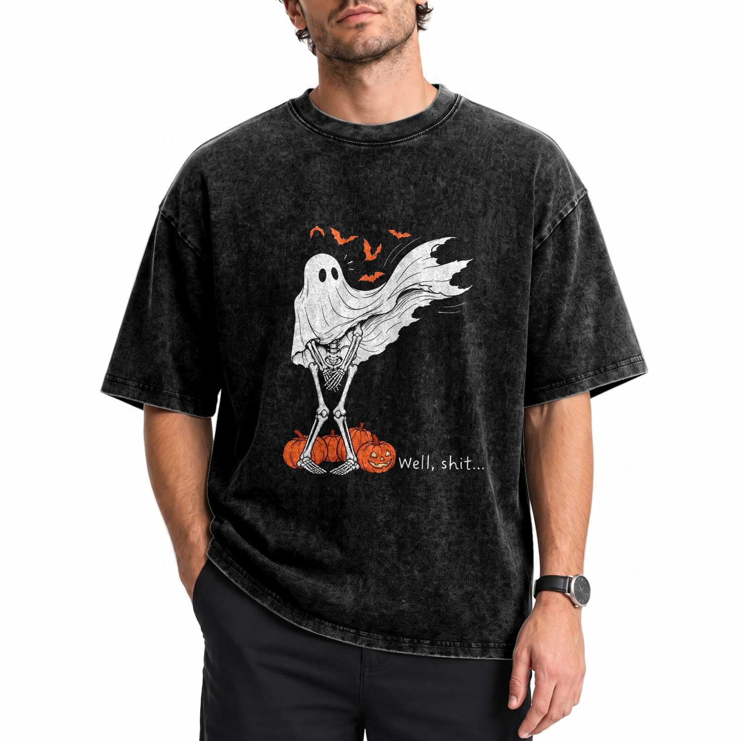 Well Shit Skeleton Ghost Sheet Funny Halloween Exposed Wind Dress Washed Cotton T-Shirt