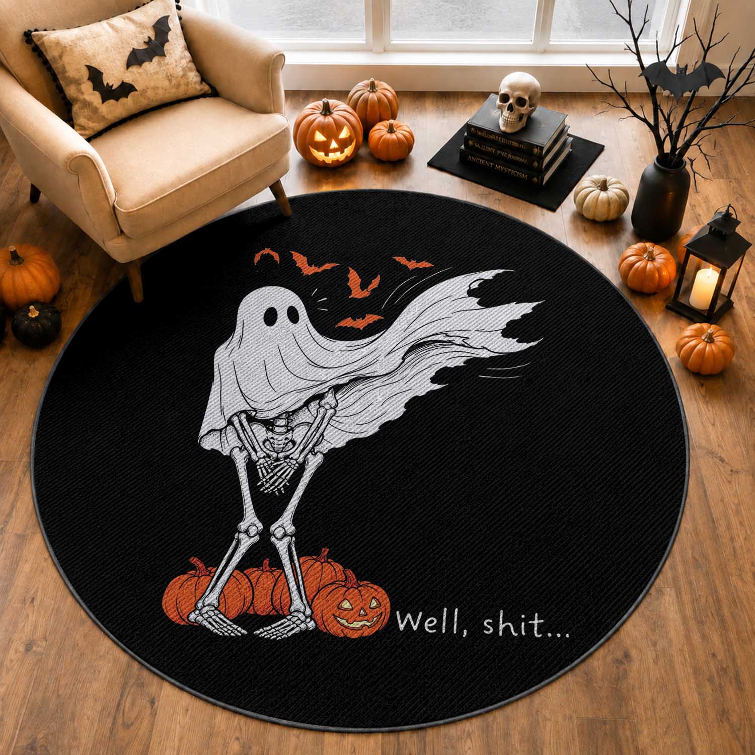 Well Shit Skeleton Ghost Sheet Funny Halloween Exposed Wind Dress Round Rug