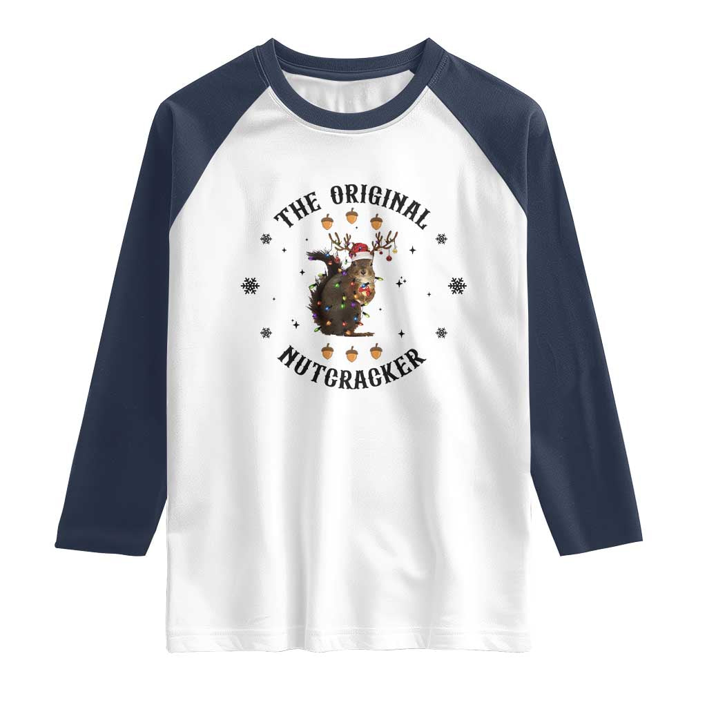 Funny Christmas Squirrel Raglan Shirt The Original Nutcracker Snowflake Santa Hat TS11 White Navy Print Your Wear