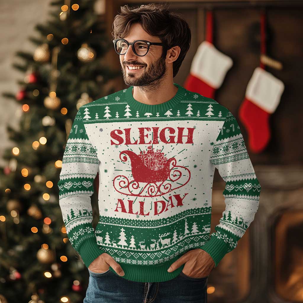 Funny Xmas Ugly Christmas Sweater Sleigh All Day Xmas Santa's Sleigh TS11 Green Print Your Wear