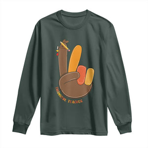 Funny Thanksgiving Teacher Long Sleeve Shirt Thankful Teacher Turkey Pencil TS11 Dark Forest Green Print Your Wear