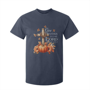 Thanksgiving Christ T Shirt For Kid Give Thanks To The Lord Psalm 136:1 Pumpkin Cross TS11 Navy Print Your Wear