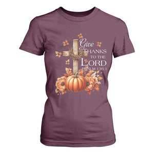 Thanksgiving Christ T Shirt For Women Give Thanks To The Lord Psalm 136:1 Pumpkin Cross TS11 Maroon Print Your Wear