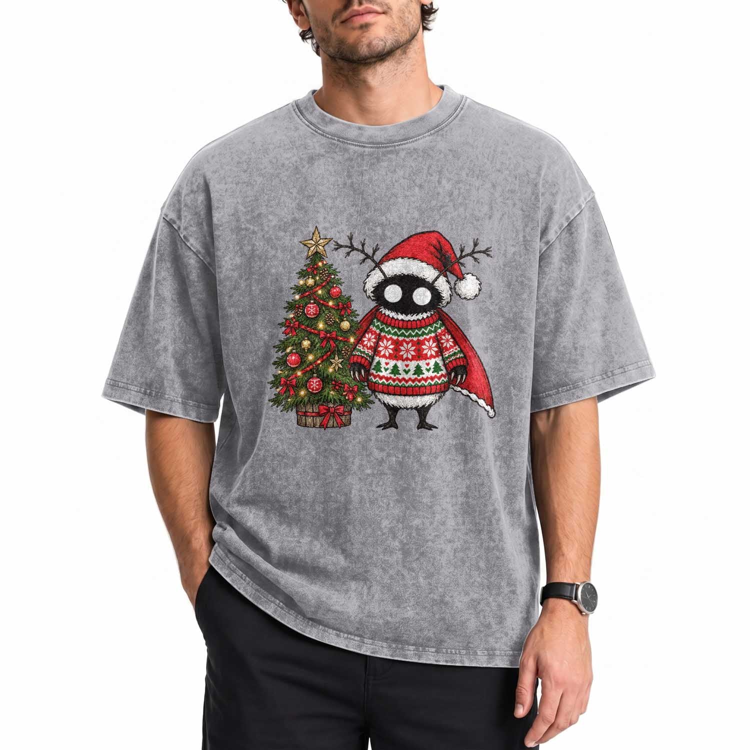 Cute Mothman Christmas Washed Cotton T-Shirt Funny Horror Cryptid Xmas Tree Holiday