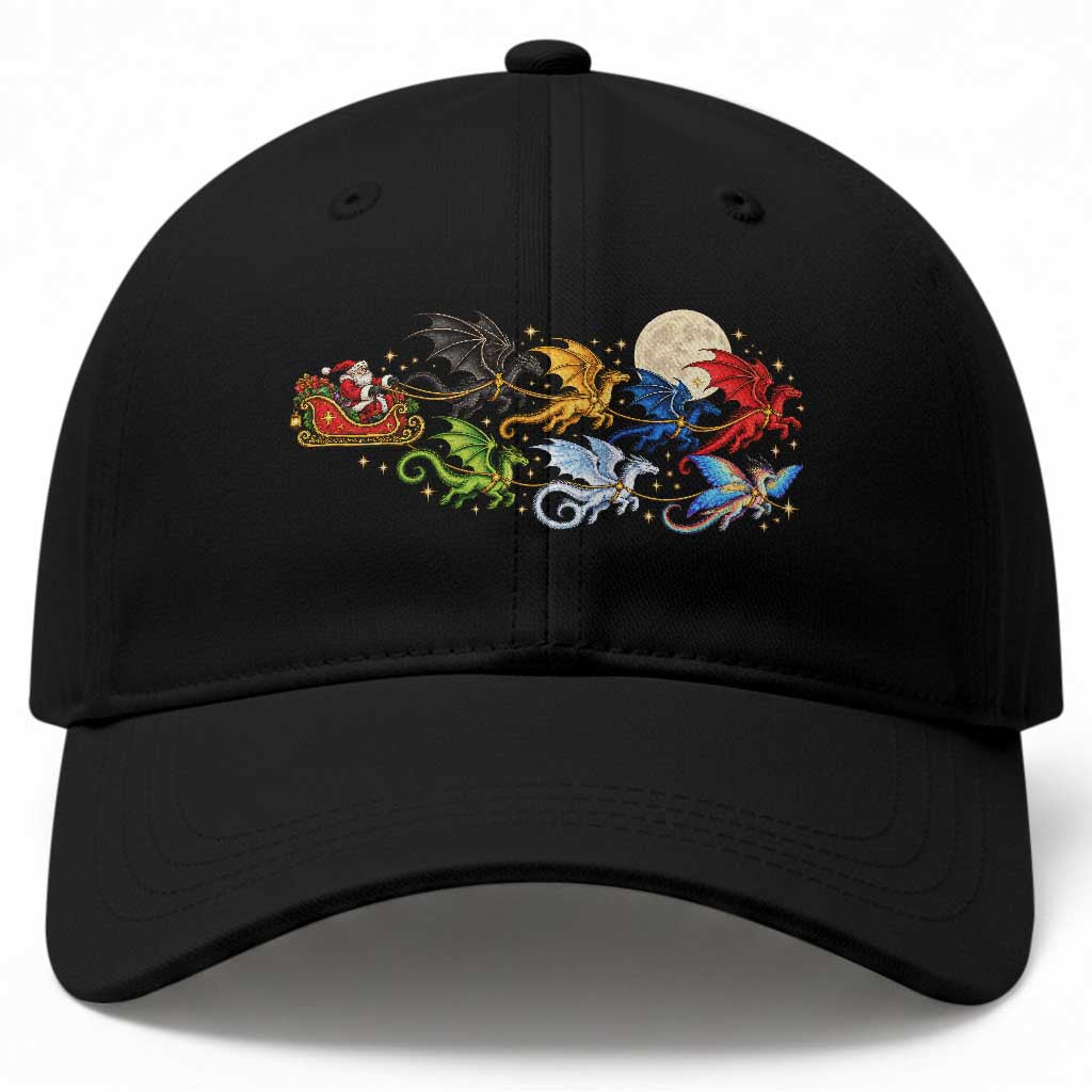 Christmas Dragons Funny Fantasy Book Lover Baseball Cap Santas Sleigh Full Moon
