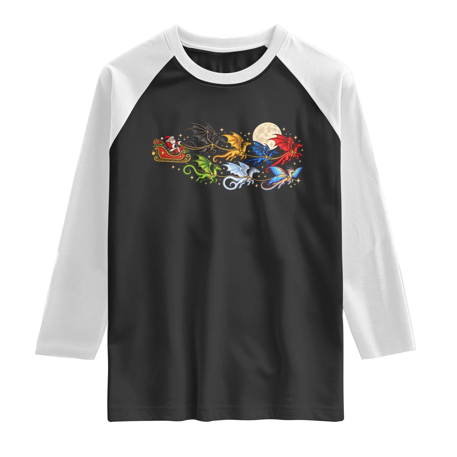 Christmas Dragons Funny Fantasy Book Lover Raglan Shirt Santas Sleigh Full Moon
