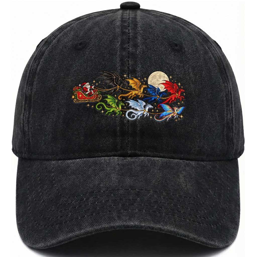 Christmas Dragons Funny Fantasy Book Lover Washed Cotton Baseball Cap Santas Sleigh Full Moon