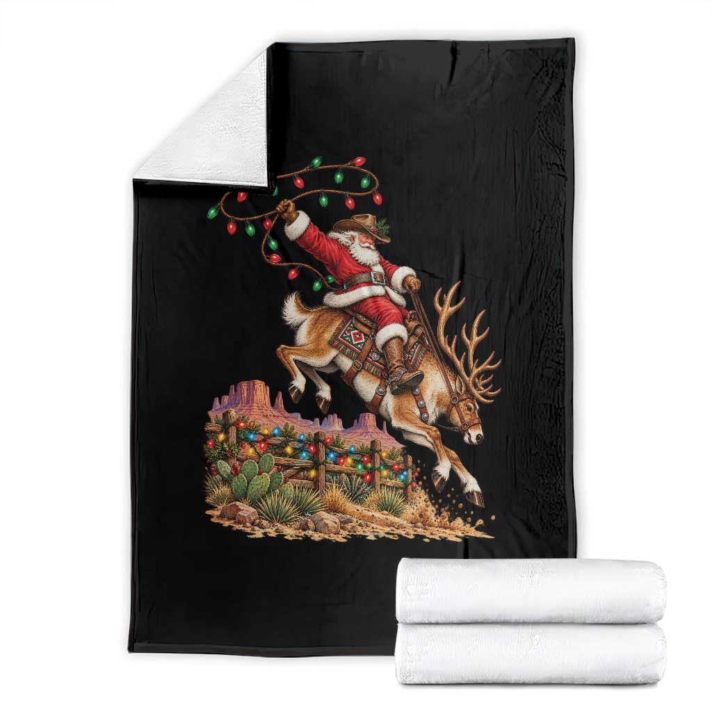 Retro Rodeo Cowboy Santa Riding Reindeer Funny Western Christmas Throw Blanket