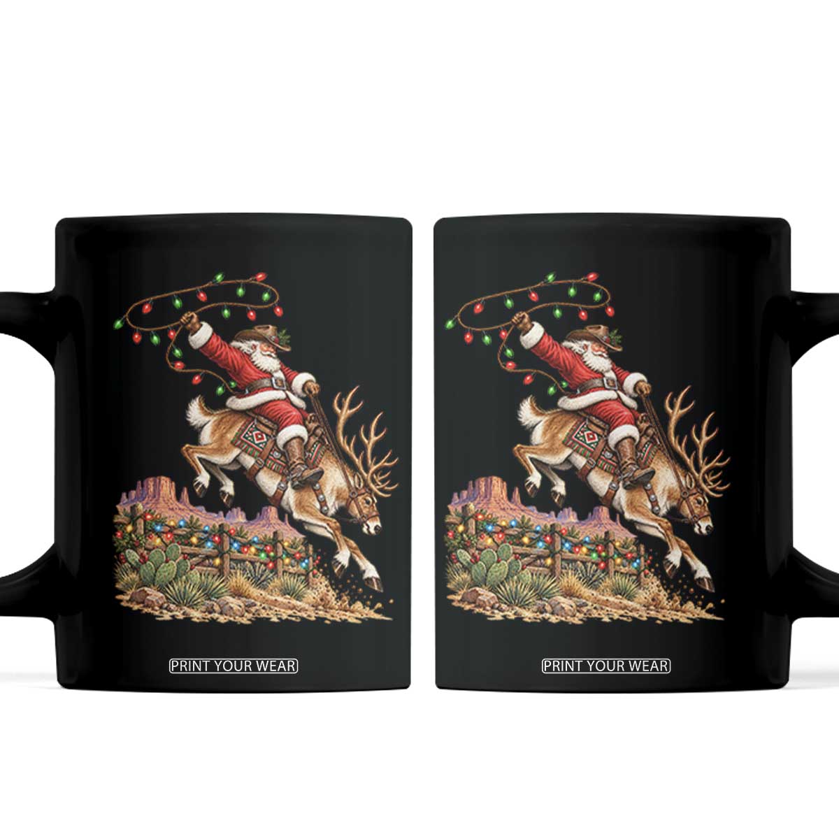 Retro Rodeo Cowboy Santa Riding Reindeer Funny Western Christmas Coffee Mug