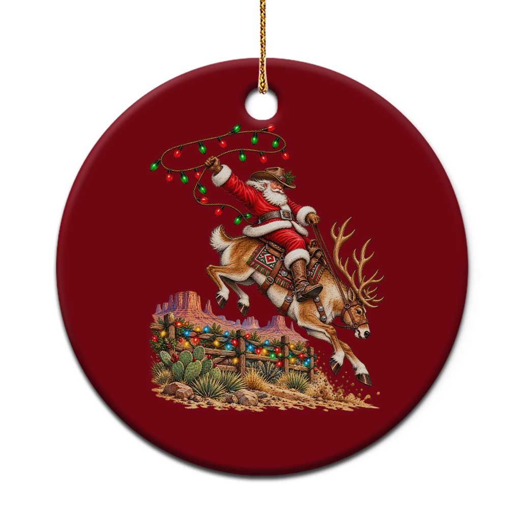 Retro Rodeo Cowboy Santa Riding Reindeer Funny Western Christmas Ceramic Ornament