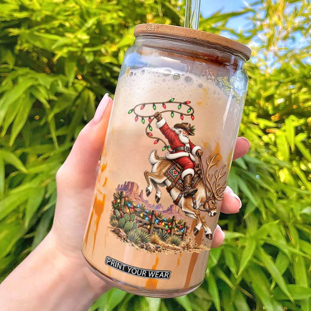 Retro Rodeo Cowboy Santa Riding Reindeer Funny Western Christmas Glass Can