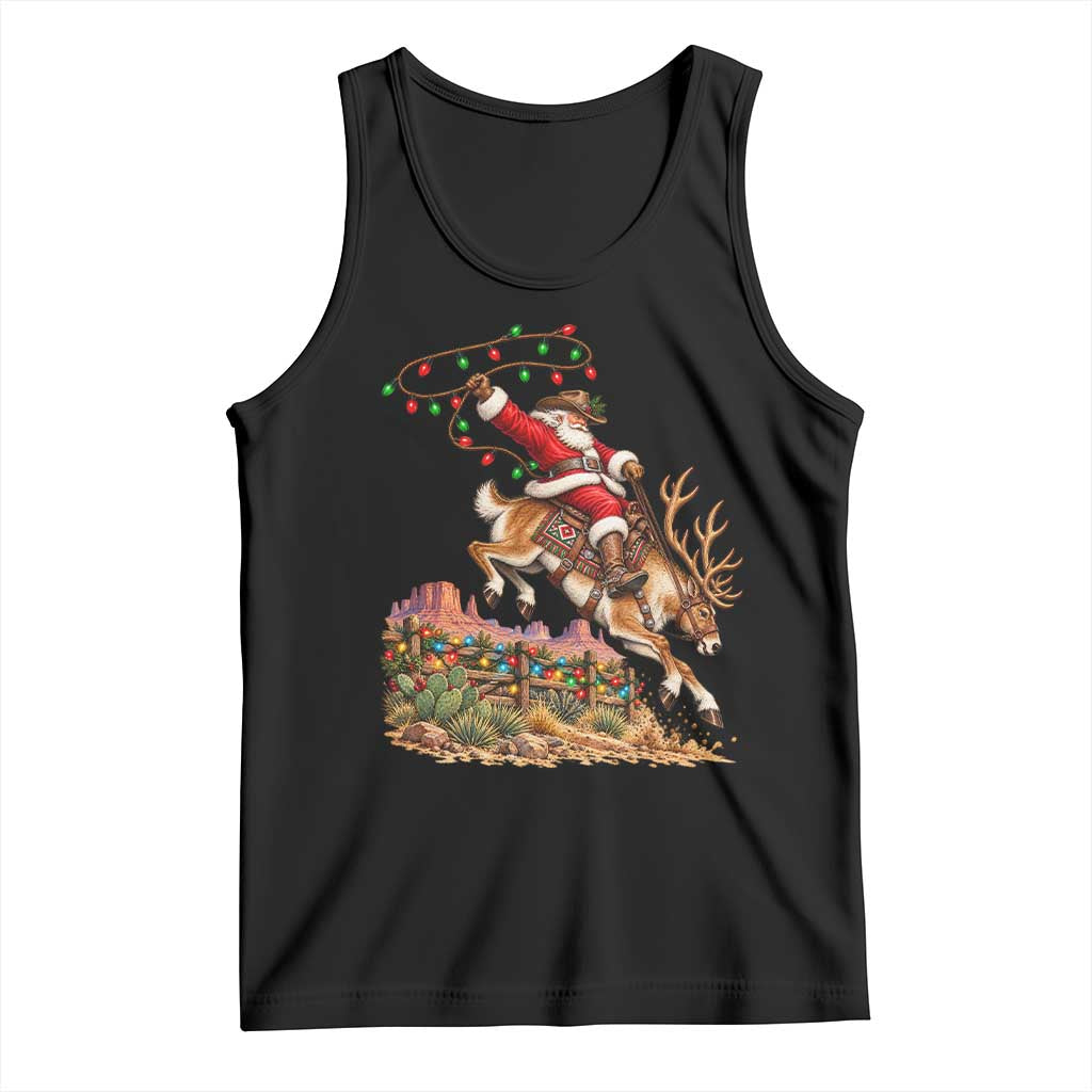 Retro Rodeo Cowboy Santa Riding Reindeer Funny Western Christmas Tank Top
