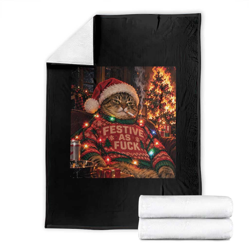 Festive As Fck Smoking Cat Funny Christmas Throw Blanket