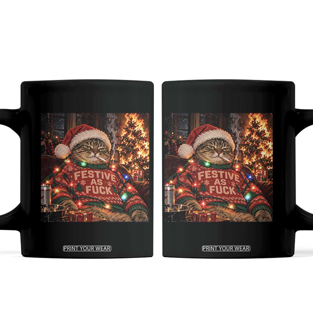 Festive As Fck Smoking Cat Funny Christmas Coffee Mug