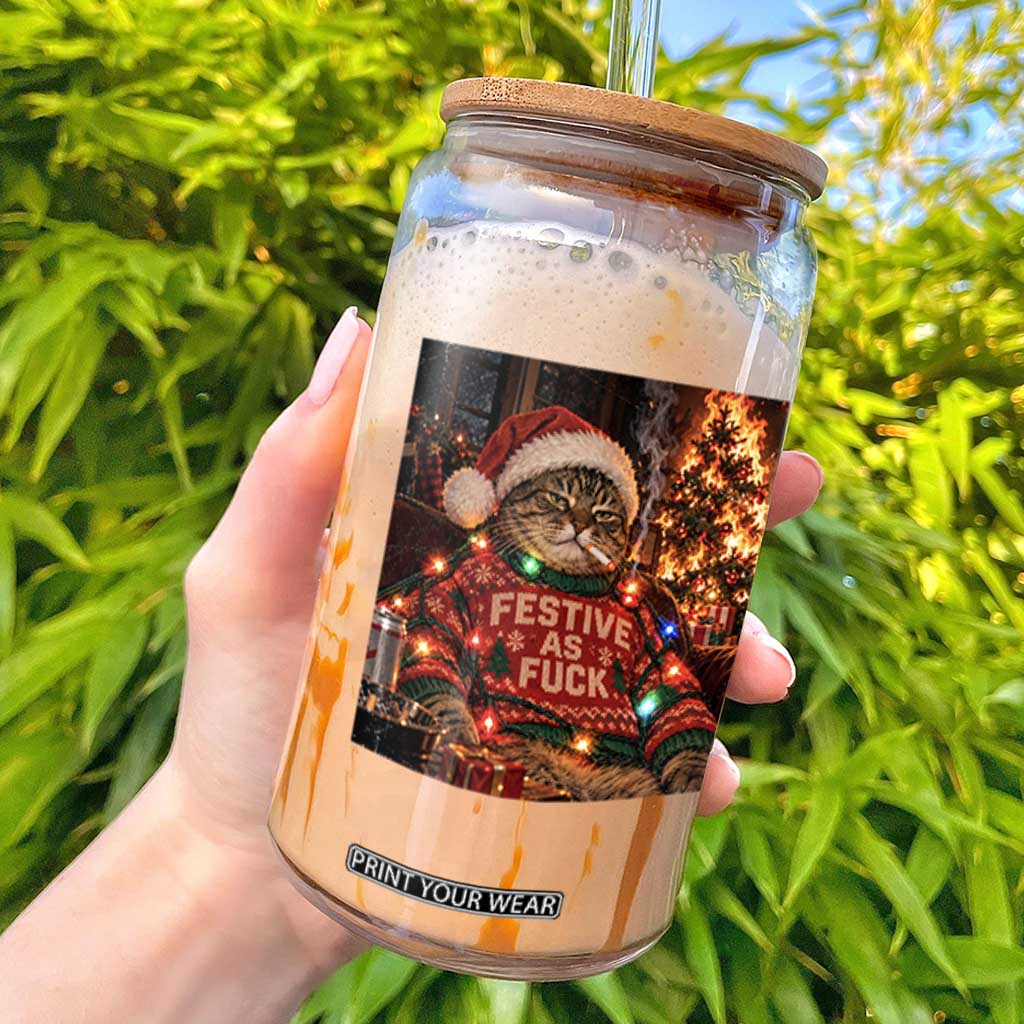 Festive As Fck Smoking Cat Funny Christmas Glass Can