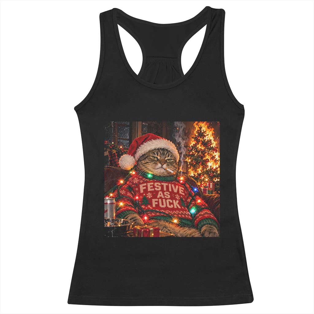 Festive As Fck Smoking Cat Funny Christmas Racerback Tank Top
