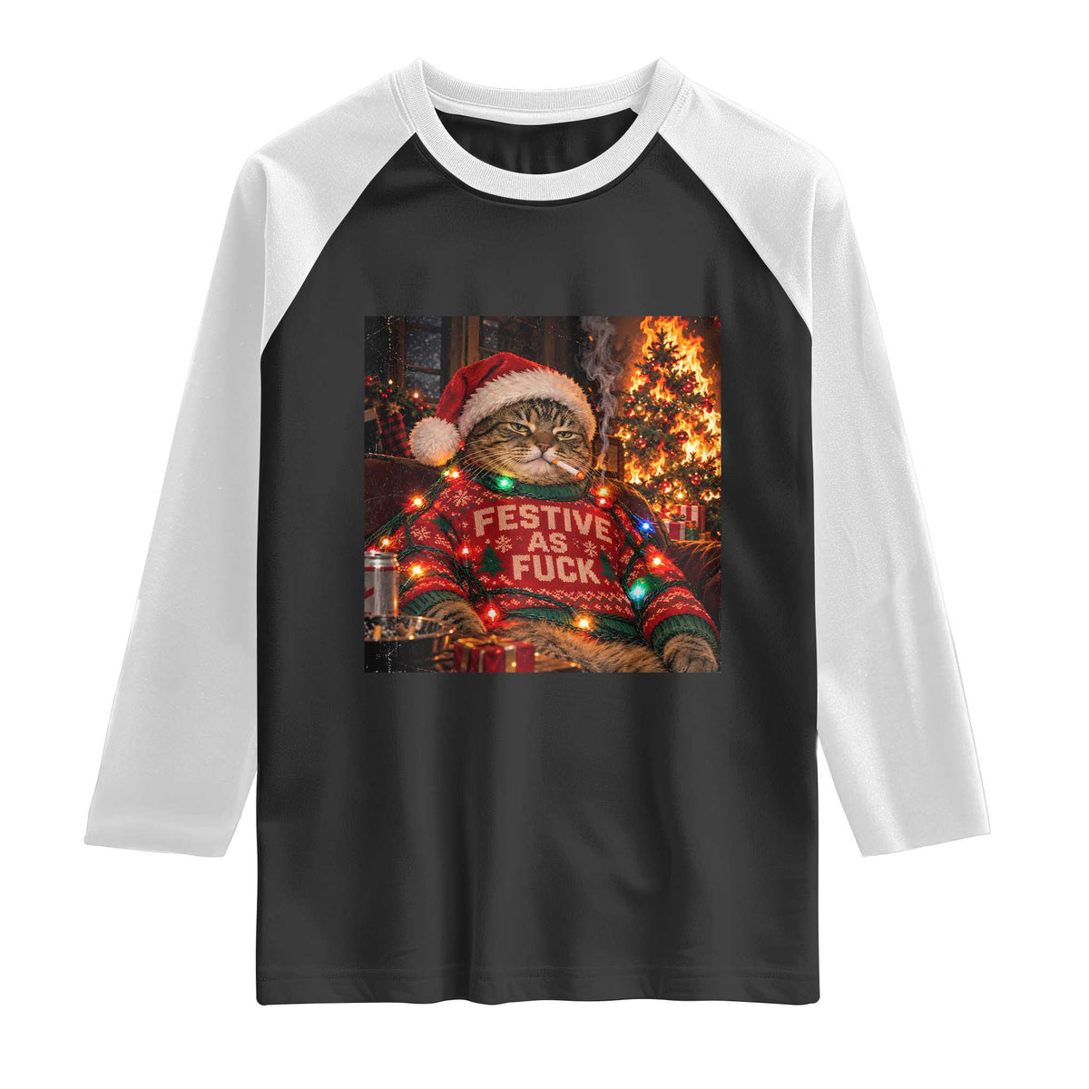 Festive As Fck Smoking Cat Funny Christmas Raglan Shirt