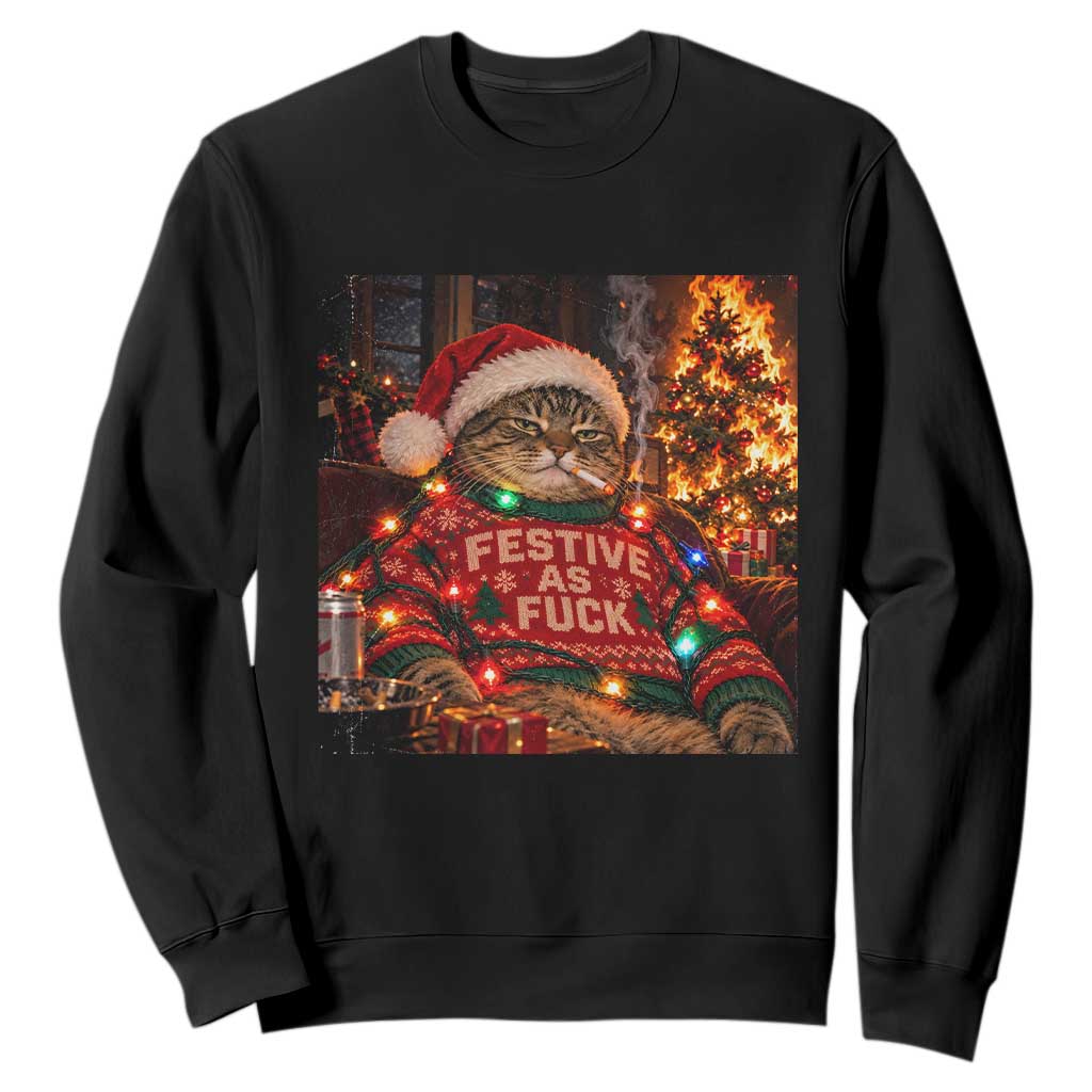 Festive As Fck Smoking Cat Funny Christmas Sweatshirt