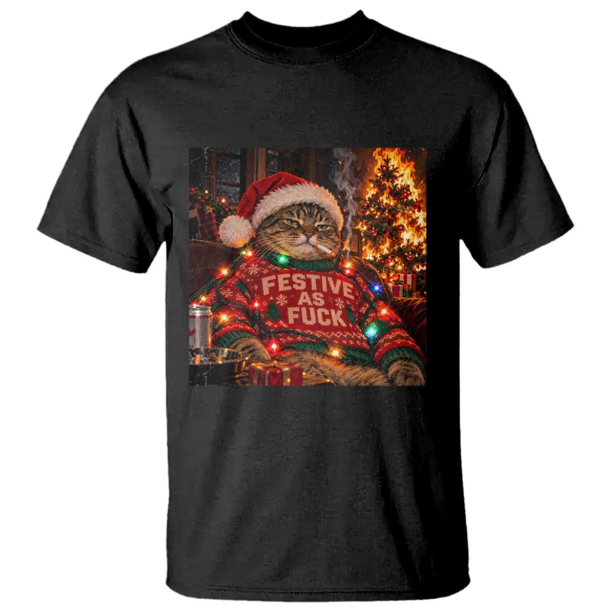 Festive As Fck Smoking Cat Funny Christmas T Shirt