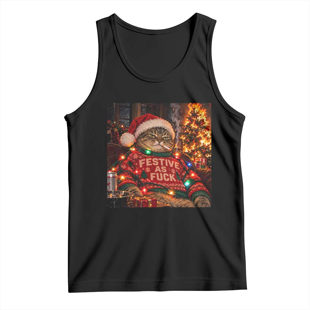 Festive As Fck Smoking Cat Funny Christmas Tank Top