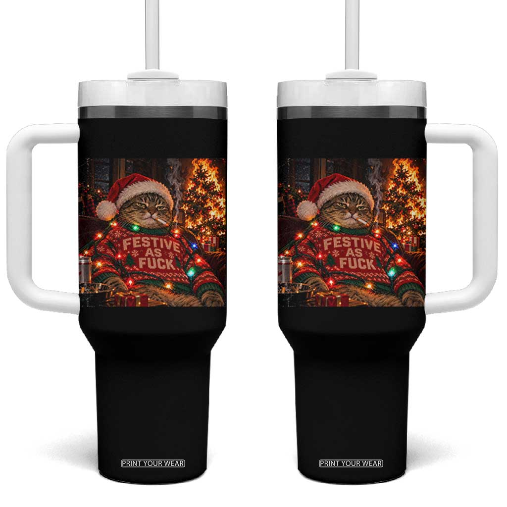 Festive As Fck Smoking Cat Funny Christmas Tumbler With Handle