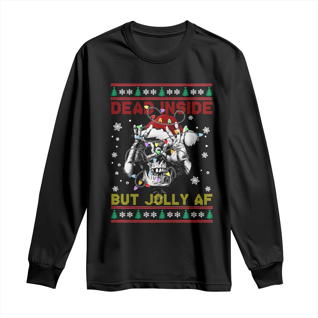 Funny Christmas Skeleton Long Sleeve Shirt Dead Inside But Jolly AF Santa Hat TS11 Black Print Your Wear