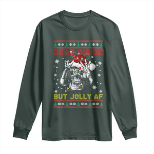 Funny Christmas Skeleton Long Sleeve Shirt Dead Inside But Jolly AF Santa Hat TS11 Dark Forest Green Print Your Wear