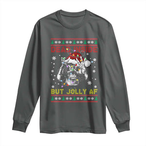 Funny Christmas Skeleton Long Sleeve Shirt Dead Inside But Jolly AF Santa Hat TS11 Dark Heather Print Your Wear