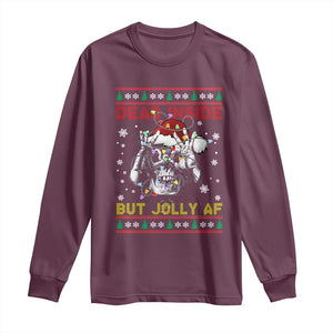 Funny Christmas Skeleton Long Sleeve Shirt Dead Inside But Jolly AF Santa Hat TS11 Maroon Print Your Wear