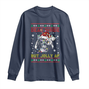 Funny Christmas Skeleton Long Sleeve Shirt Dead Inside But Jolly AF Santa Hat TS11 Navy Print Your Wear